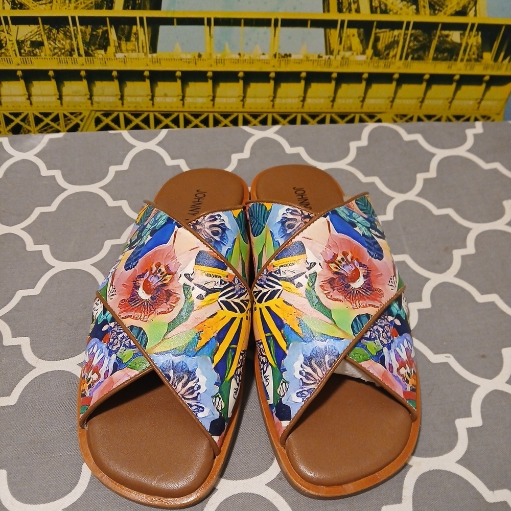 Johnnie WAS LEATHER Colorful Floral Slide Sandals SZ.7